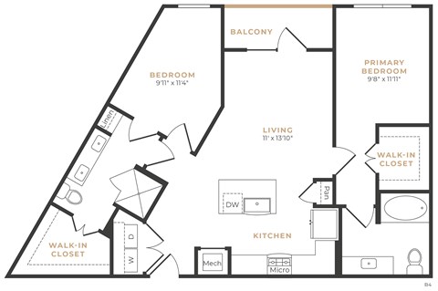 Floor plan for 2 beds, 2 baths, 995 sqft